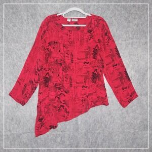 Chicos Top Women 1 M Red Black 100%‎ Silk Abstract Asymmetrical Hem Blouse Shirt